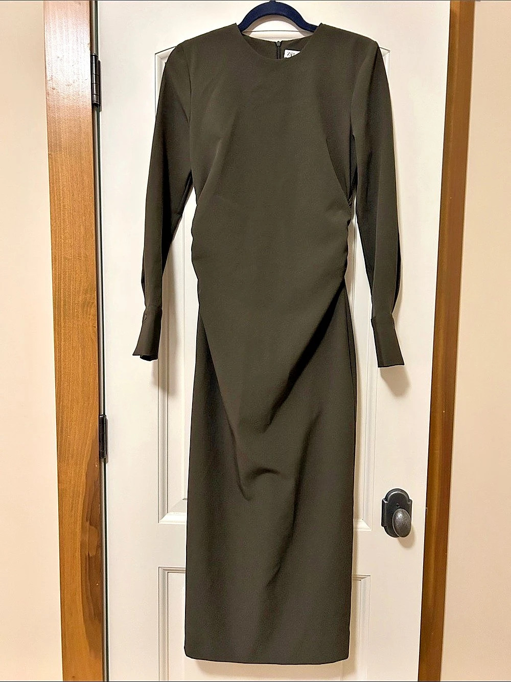 Zara Ruched Midi Dress in Olive Size Medium NWT